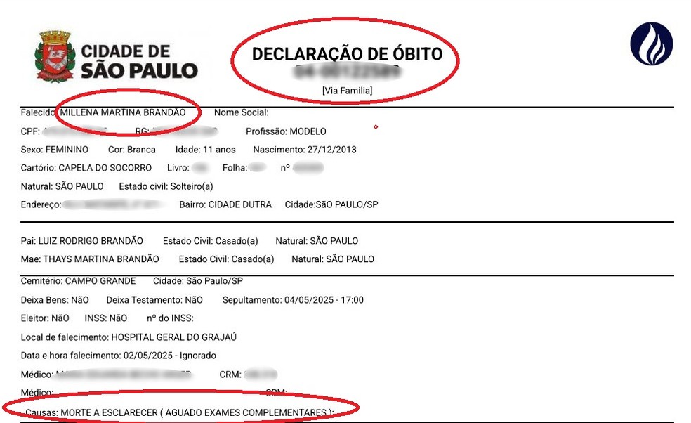 Declaração de óbito de Millena Brandão informa que a causa da morte ainda tem de ser esclarecida — Foto: Reprodução