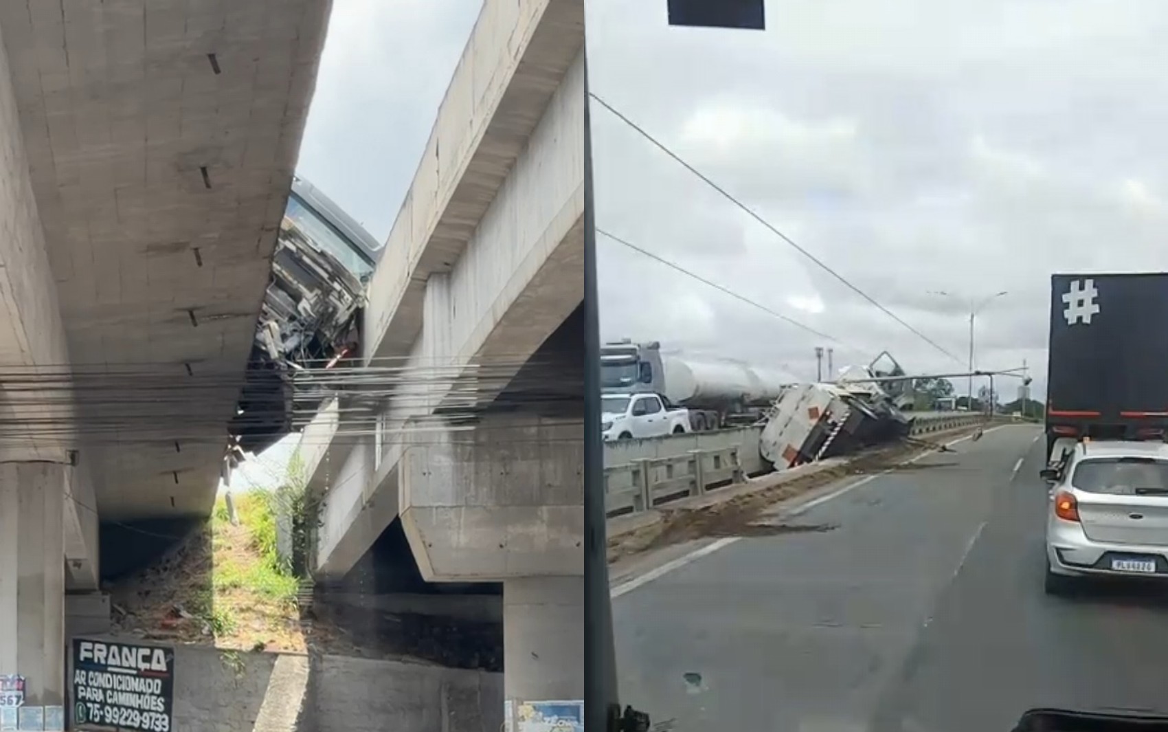 Caminhão-tanque carregado de combustível tomba em viaduto em Feira de Santana
