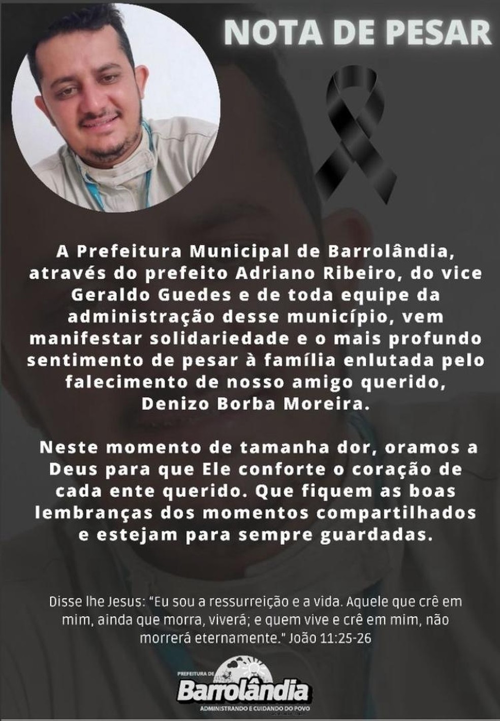 Nota de pesar da Prefeitura de Barrolândia  Foto: Divulgação/Redes sociais