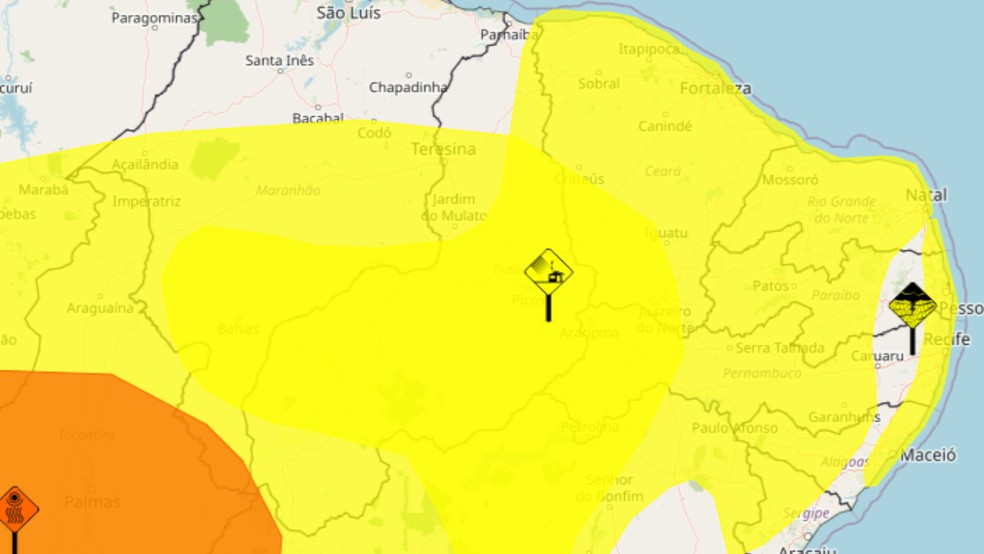 Inmet emite alertas de baixa umidade e vendaval no Piauí; uma cidade está sob aviso de perigo — Foto: Reprodução/Inmet