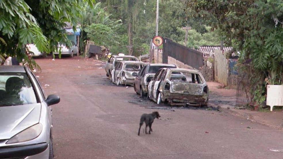 Carros foram incendiados em Cascavel na madrugada desta quinta (18) — Foto: Reprodução RPC