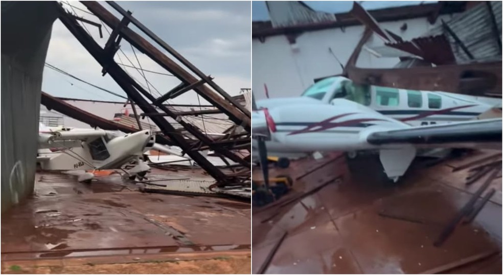 Os aviões do aeroclube de Itapeva (SP) foram danificados com a ventania — Foto: Defesa Civil/Divulgação