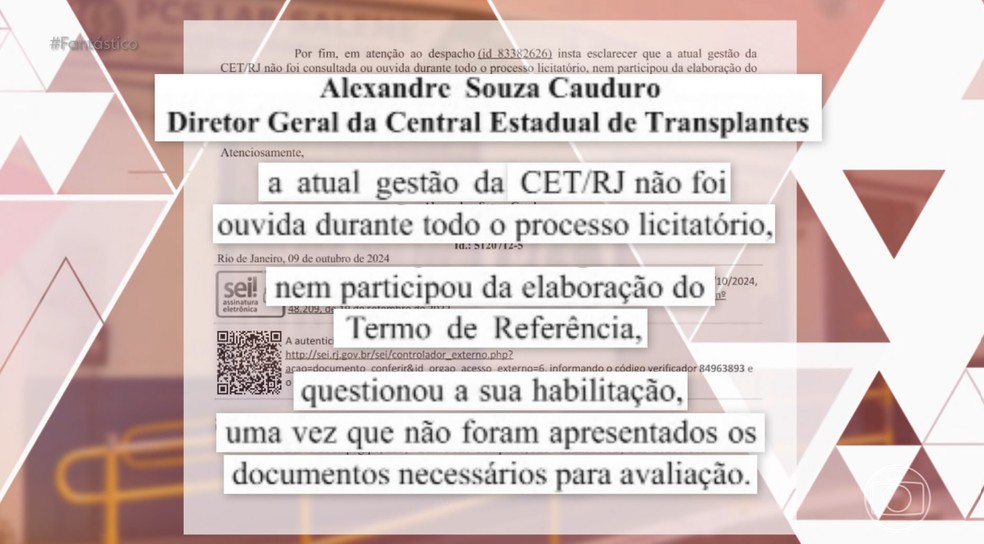 Ofício da Central Estadual de Transplantes  — Foto: Reprodução/TV Globo