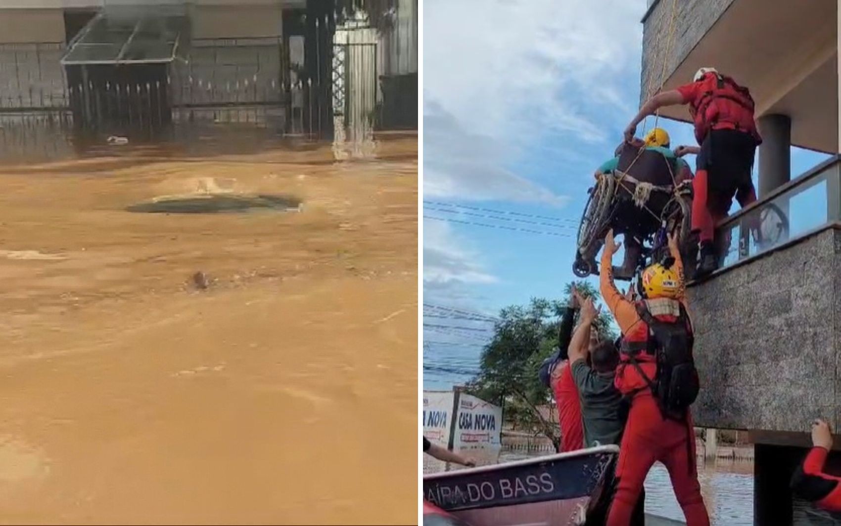 Carro debaixo d'água e cadeirante resgatado em prédio: Vídeos feitos por bombeiros de Goiás mostram resgates de vítimas das chuvas no RS