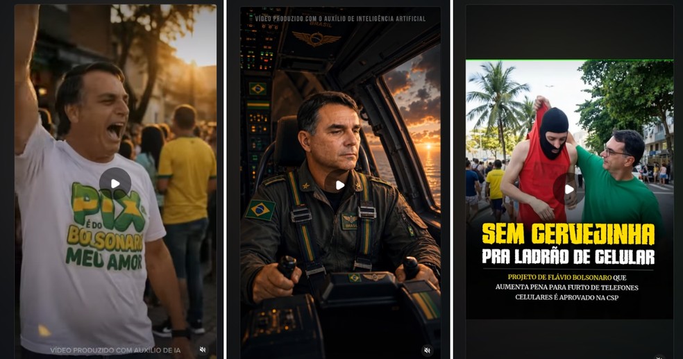 Vídeos publicados por Flávio Bolsonaro e pelo PL usam IA para retratar Jair Bolsonaro em peça sobre o Pix e o senador como piloto e segurando um homem apontado como ladrão de celular — Foto: Reprodução/Instagram