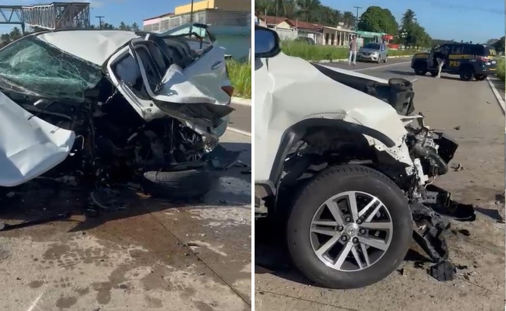 Carro fica destruído após colisão com animal e mureta na BR-101 no RN — Foto: PRF/Reprodução