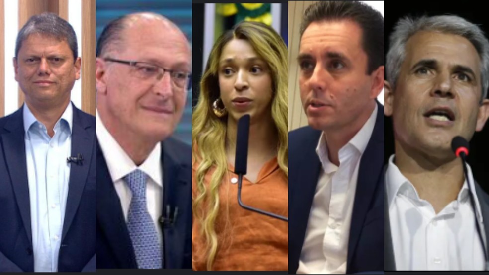 Tarcísio de Freitas (Republicanos), Geraldo Alckmin (PSB), Erika Hilton (PSOL), Paulo Serra (PSDB) e Felipe D'Ávila (Novo) — Foto: Montagem/g1