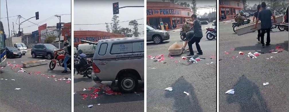 Caixão com corpo cai de carro funerário na principal avenida de Osasco. Empresa pediu 'desculpas' e alegou que teve 'falha humana' na operação — Foto: Reprodução/Redes sociais