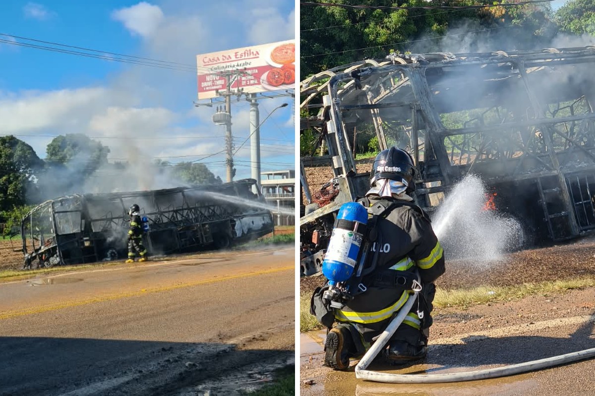 Ônibus é destruído por incêndio na Rodovia Santos Dumont, em Indaiatuba; ninguém se feriu