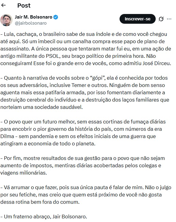 Bolsonaro é ouvido na Papudinha por chamar Lula de 'cachaça' e associá-lo ao tráfico no Alemão