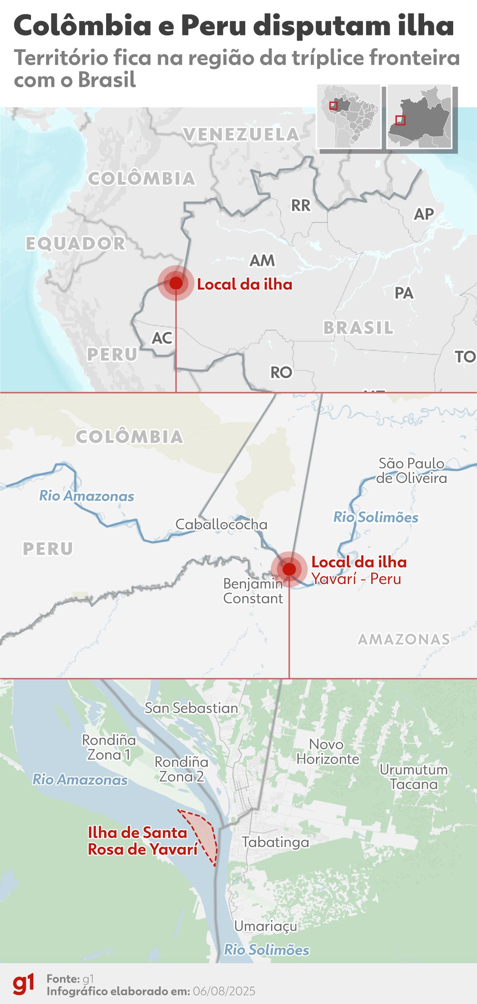 Mapa mostra ilha disputada por Colômbia e Peru — Foto: g1