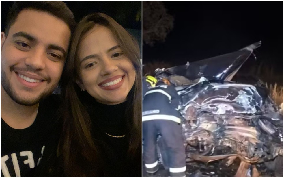 Guilherme passou por duas cirurgias e está internado com quadro de saúde estável; Paula morreu no acidente que aconteceu na BR-060 — Foto: Arquivo pessoal/Guilherme Sampaio e O Correiro News/Reprodução