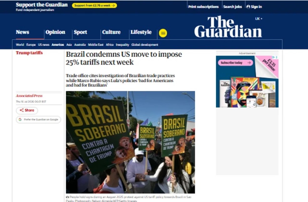 Reportagem do jornal The Guardian, do Reino Unido, sobre tarifas de 25% impostas pelos EUA ao Brasil em 16 de julho de 2026. — Foto: Reprodução/The Guardian