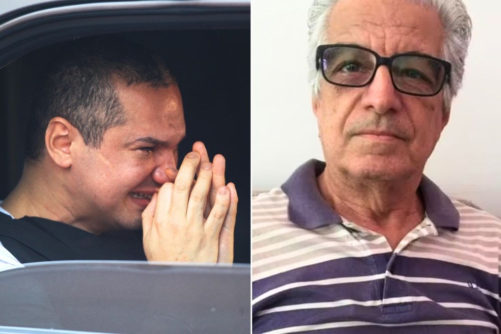 Preso por matar idoso com 'voadora' chora em reconstituição do crime em Santos (SP) — Foto: Silvio Luiz/A Tribuna Jornal e Arquivo Pessoal