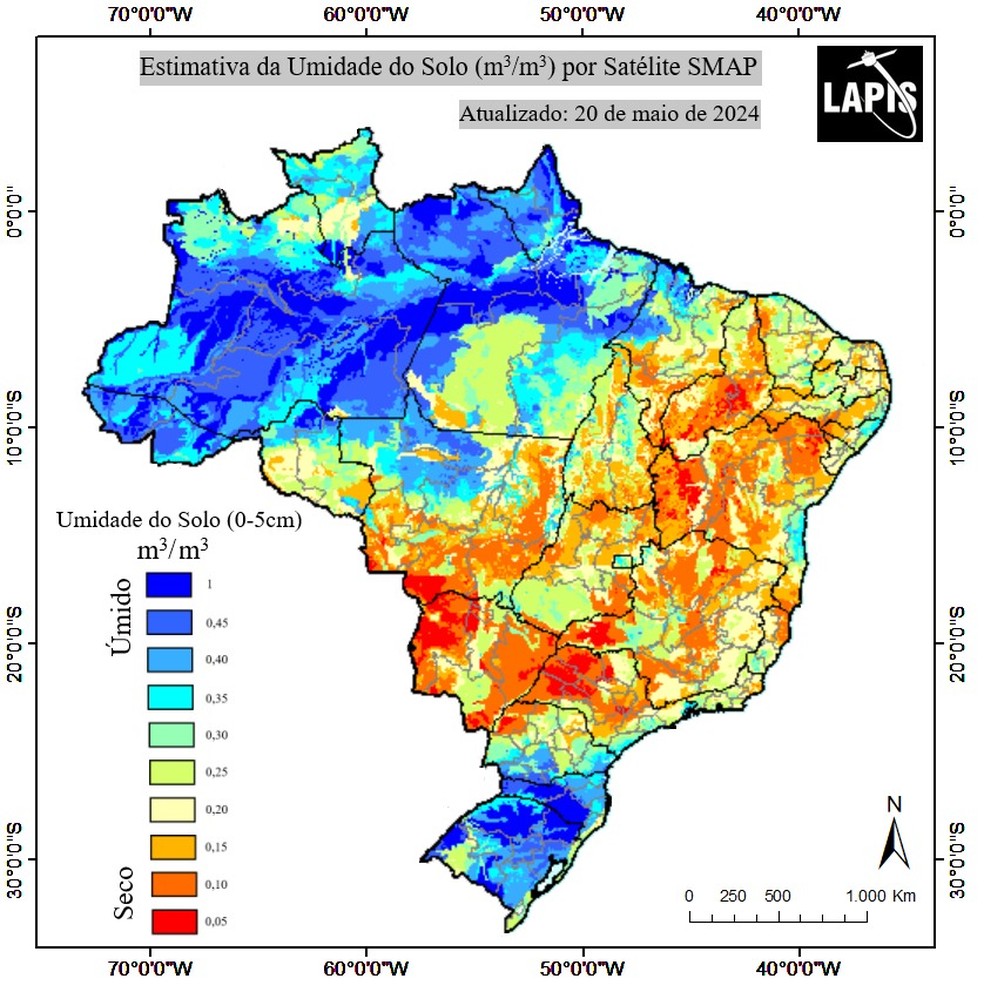 Estimativa de umidade do solo (em m³/m³) para o Brasil em 20 de maio de 2024. — Foto: LAPIS/Divulgação