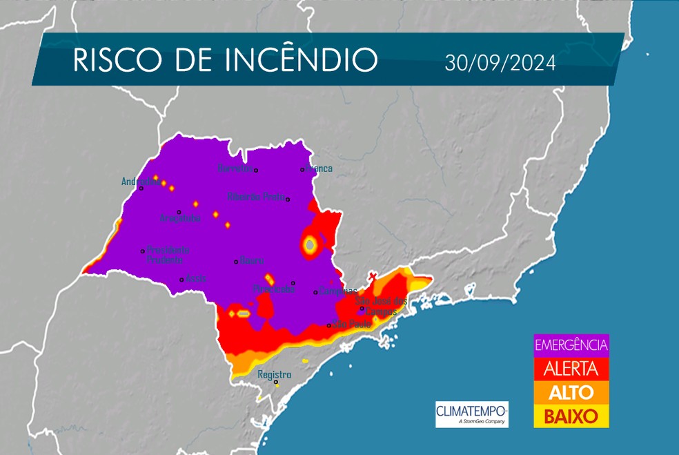 Mapa de incndio da Defesa Civil mostra alerta de emergncia nesta segunda-feira (30) para o interior de SP  Foto: Defesa Civil/ reproduo