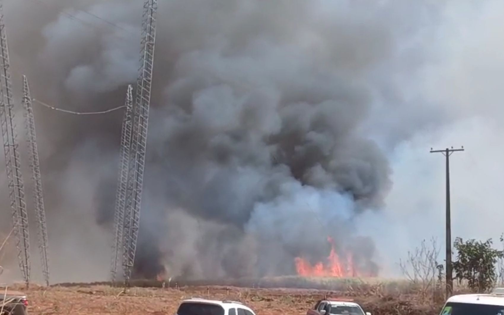 Incêndio se alastra por canavial e fumaça toma conta de vicinal no interior de SP