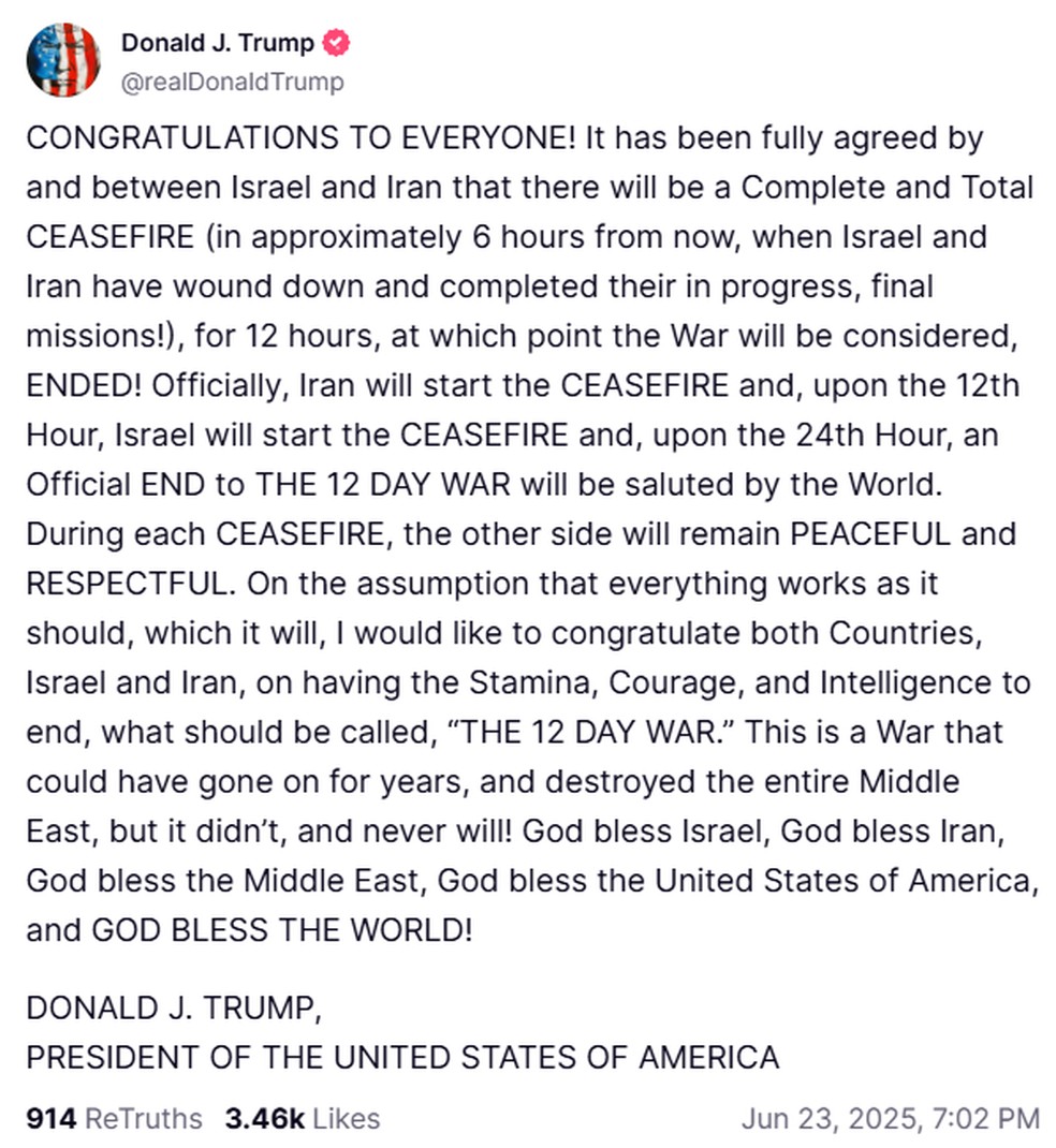 Trump diz que Israel e Irã acordaram cessar-fogo — Foto: Reprodução
