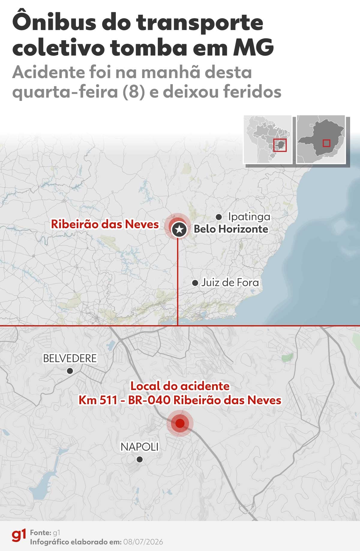 Ônibus do transporte público tomba na Grande BH e deixa feridos