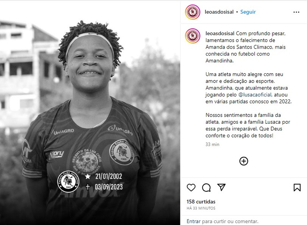 Jacuipense lamentou a morte de Amandinha — Foto: Reprodução/Redes Sociais