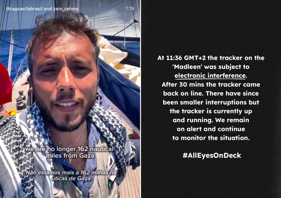 Publicações no perfil da Freedom Flotilla Coalition dizem que radares da embarcação sofreram interferência — Foto: Reprodução/Instagram/@thiagoavilabrasil e @gazafreedomflotilla