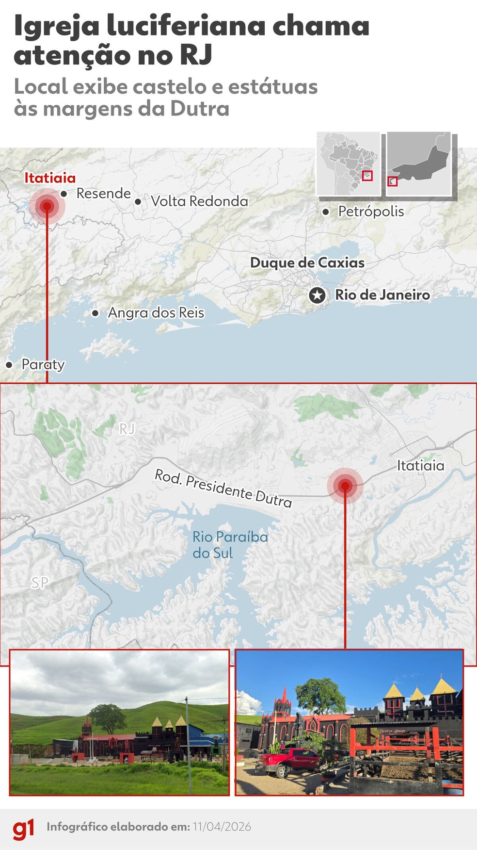 Infogr�fico - Igreja luciferiana que chama aten��o com castelo e est�tuas �s margens de rodovia enquanto tenta obter alvar� no RJ � Foto: Arte/g1