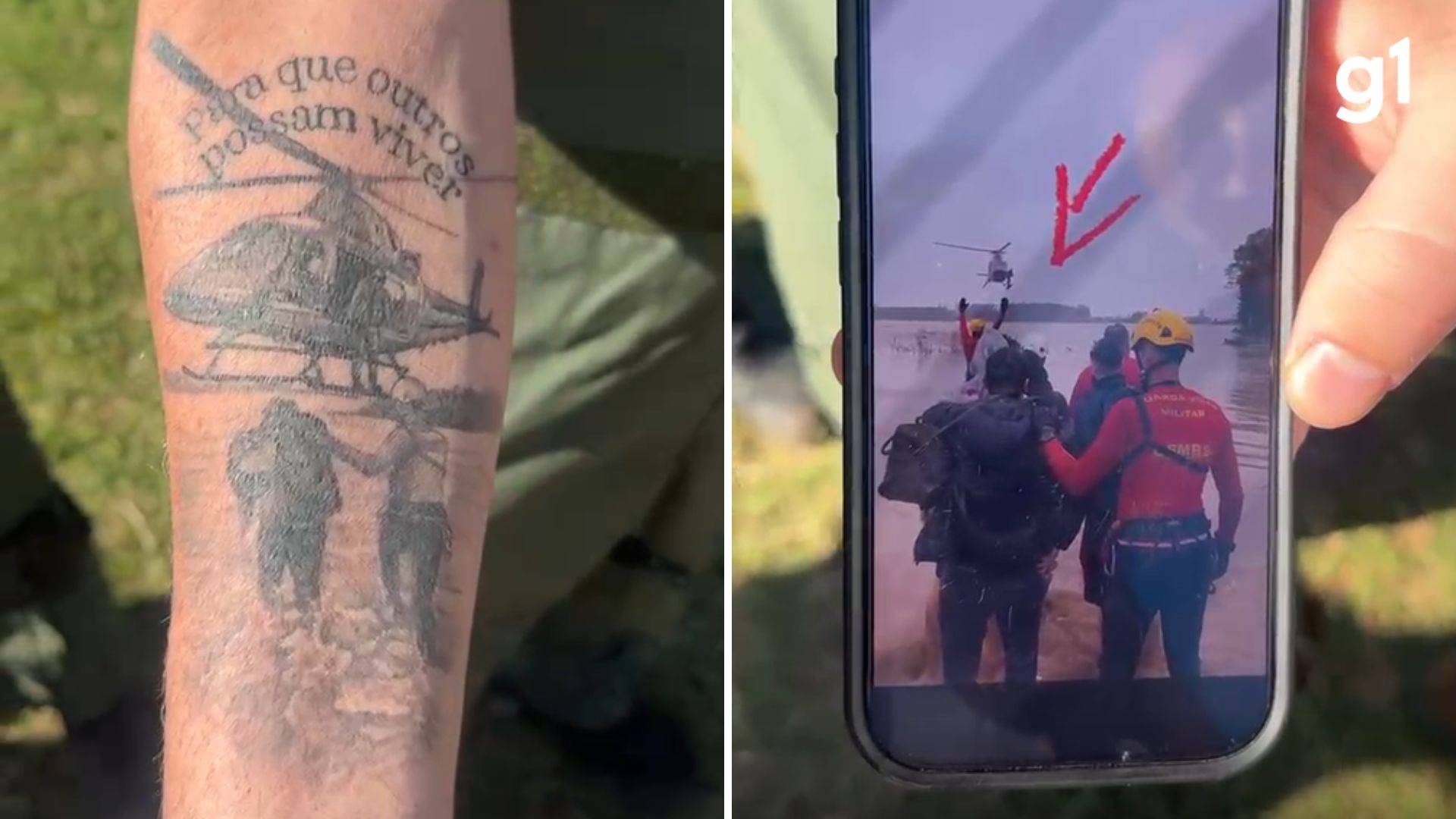 'Nasci de novo': bombeiro tatua resgate de ilhados na enchente do RS em 2024 e reencontra sobrevivente dois anos depois