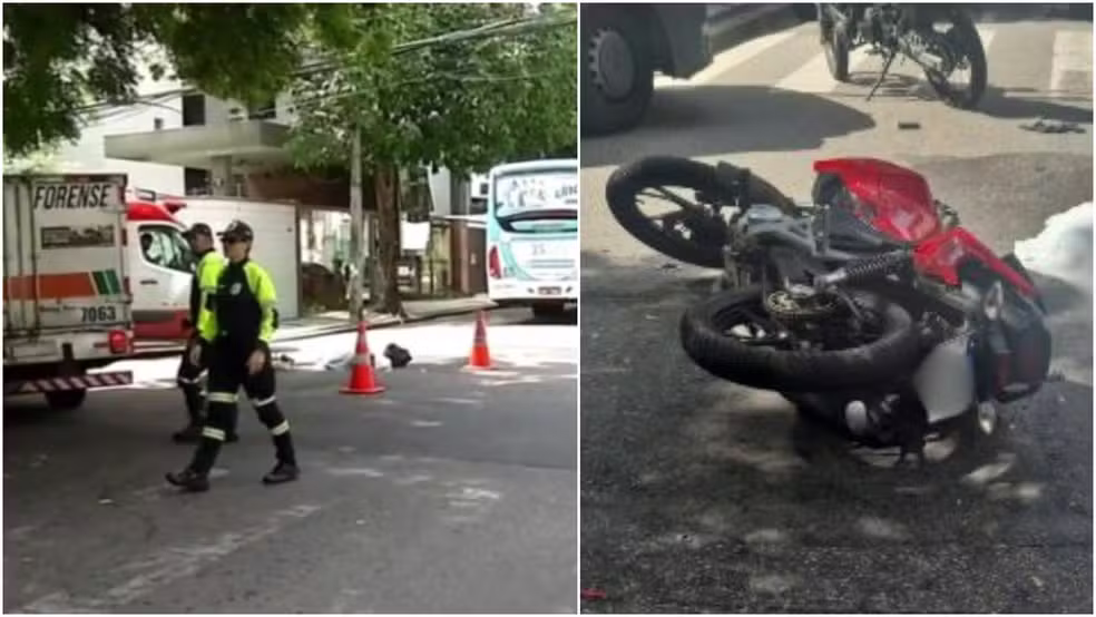 Motociclista de app sem habilitação avança via preferencial e morre atropelado por ônibus no Bairro Meireles, em Fortaleza. — Foto: TV Verdes Mares/ Reprodução