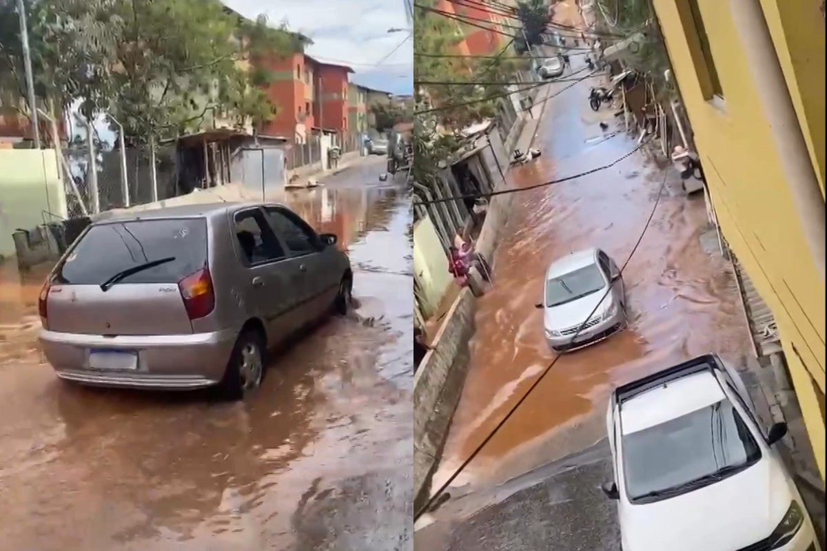 VÍDEO: Adutora se rompe, alaga rua e conjunto habitacional no Aglomerado da Serra, em BH