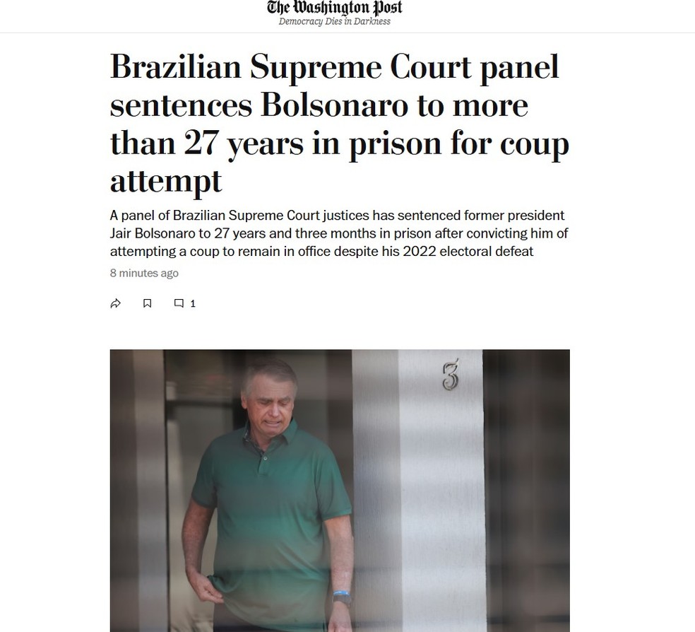 The Washignton Post repercute condenação de Bolsonaro. — Foto: Reprodução/ The Washington Post