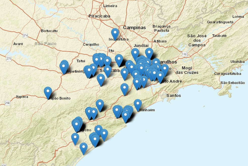 Mapa mostra onde as pessoa sentiram os tremores — Foto: Reprodução