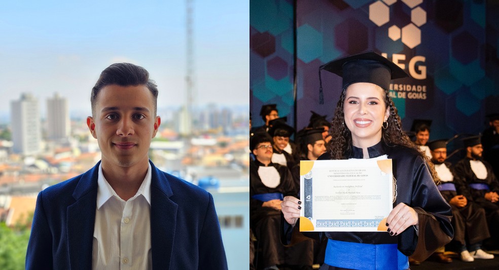 João Gama, de 19 anos, e Evellyn Nicole, de 22, trabalham com agentes de IA. — Foto: Arquivos pessoais.