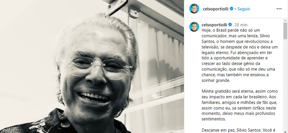 Apresentador lamentou morte de Silvio Santos em publicação no Instagram — Foto: Reprodução/Instagram