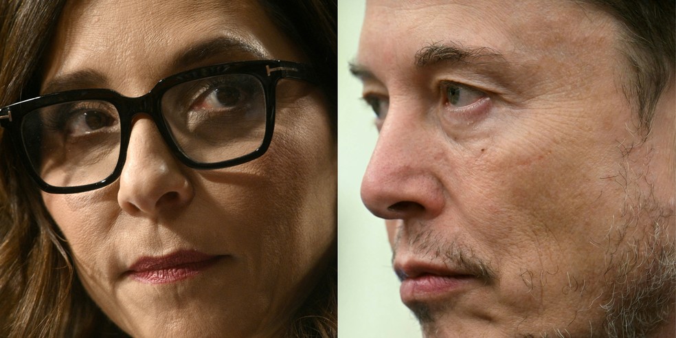 Linda Yaccarino, ex-CEO do X, e Elon Musk — Foto: Brendan SMIALOWSKI/Jim WATSON /AFP