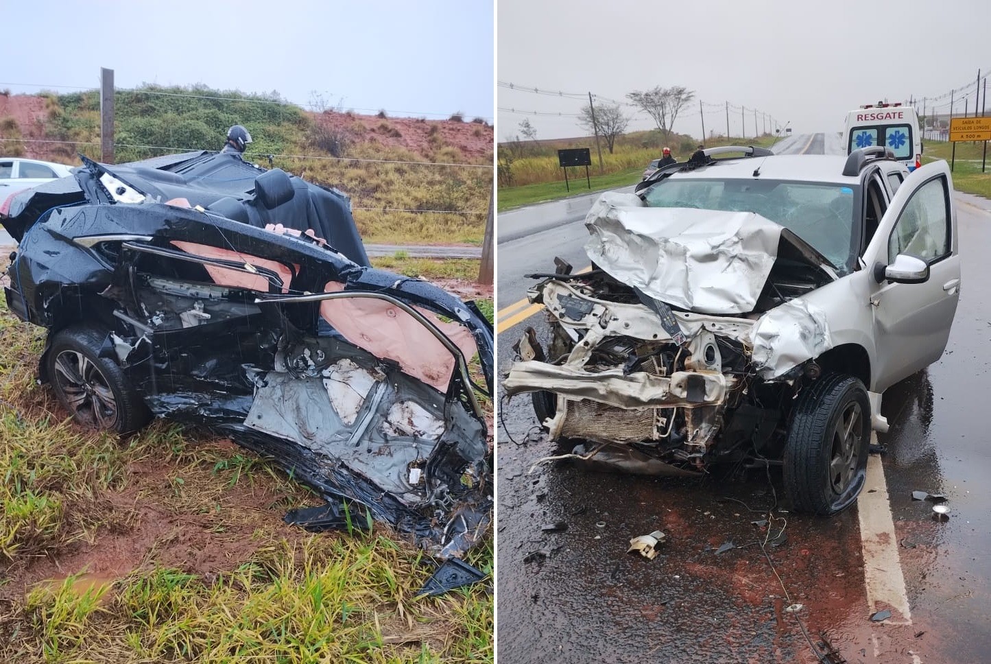 Carro se parte ao meio após colisão transversal em rodovia no interior de SP