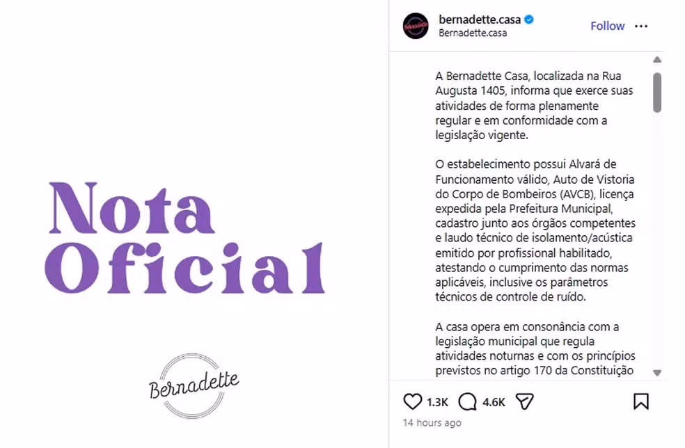 Nota oficial do bar Bernadette sobre as denúncias de Ana Paula Renault. — Foto: Reprodução/Redes Sociais
