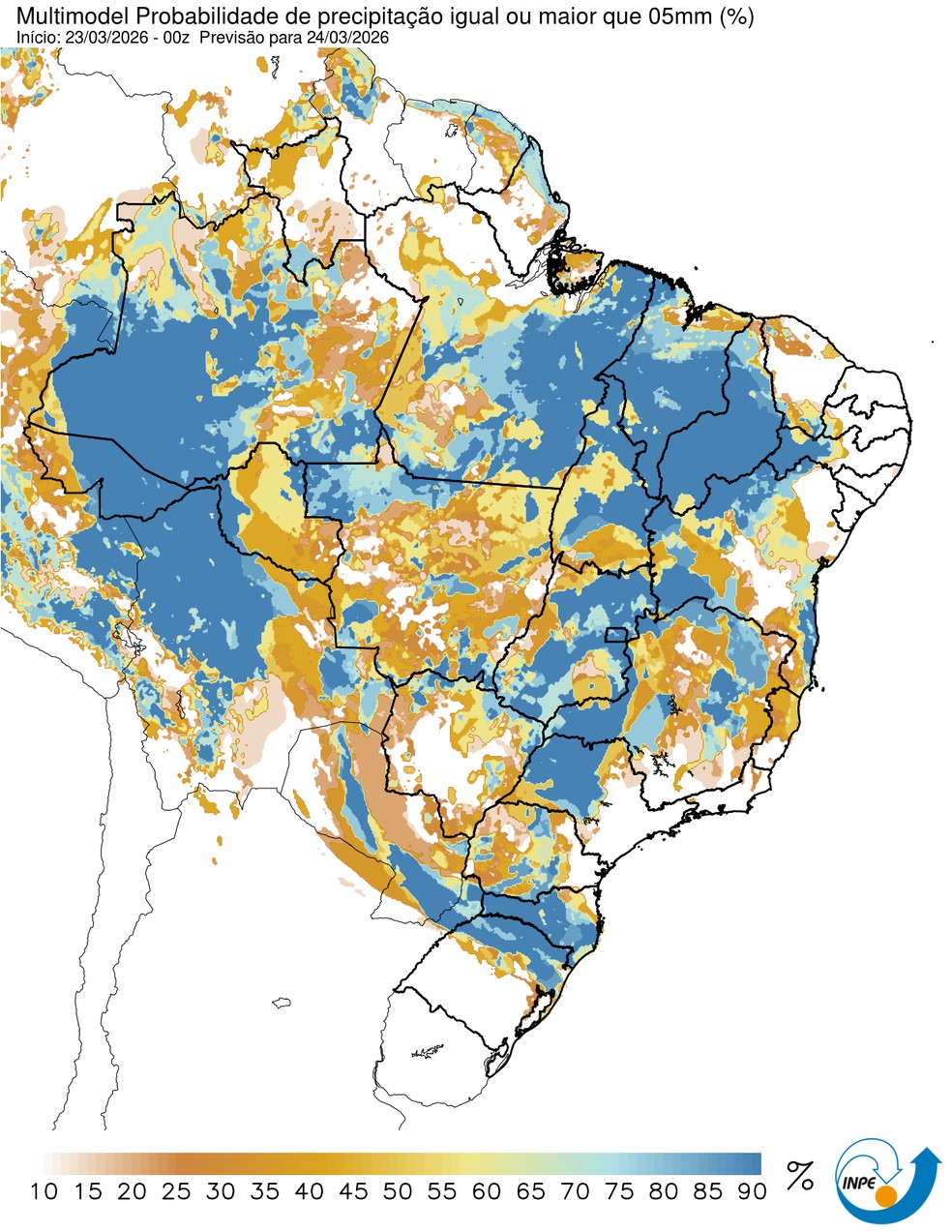 Previsão de chuva neste terça em todo o país. — Foto: CPTEC/Inpe