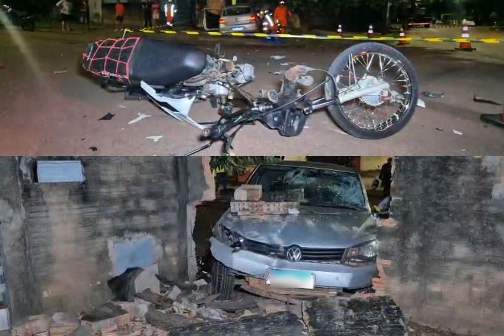 Moto ficou destruída e carro bateu contra muro após acidente em Sinop (MT) — Foto: Reprodução