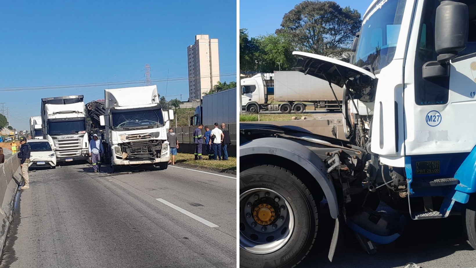 Engavetamento envolvendo quatro caminhões e dois carros interdita pista da Dutra em São José dos Campos, SP