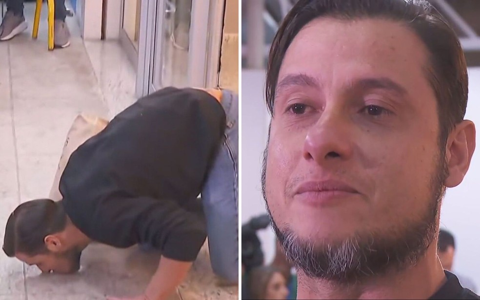 Goiano Csar Diego Justino beijou cho do aeroporto aps ser deportado dos EUA - Gois  Foto: Reproduo/TV Globo