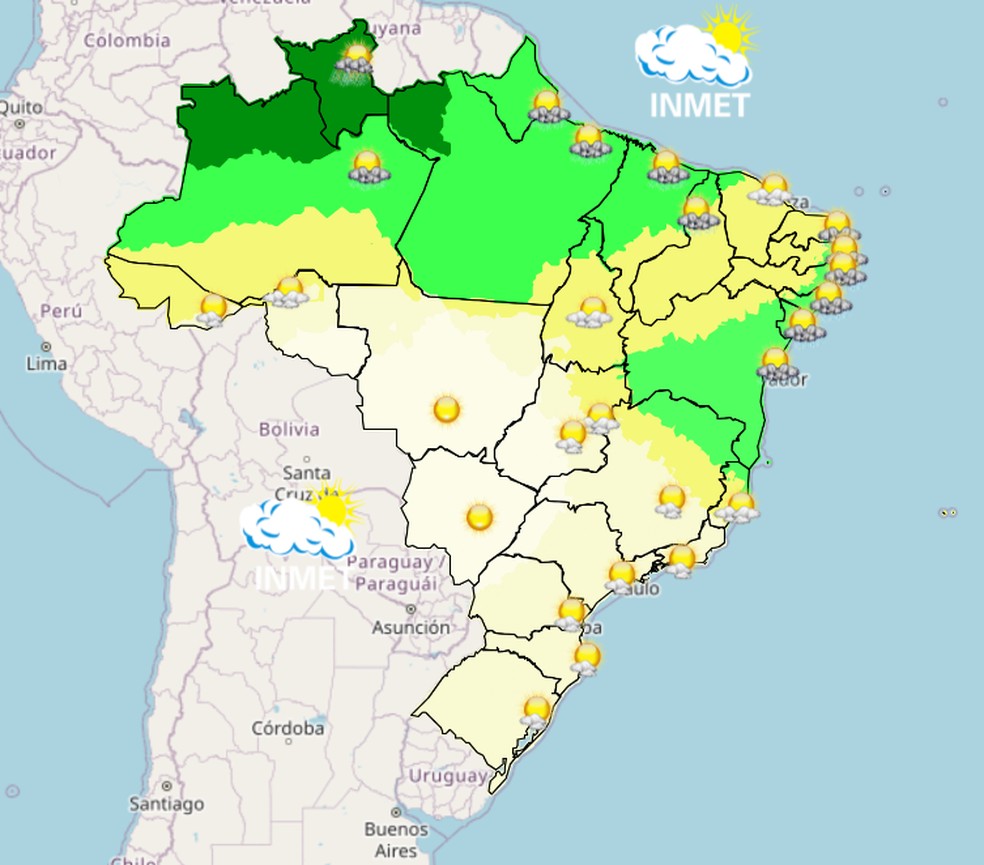 Mapa mostra previsão de chuva para esta terça-feira (12) em todo o Brasil. — Foto: Inmet/Reprodução