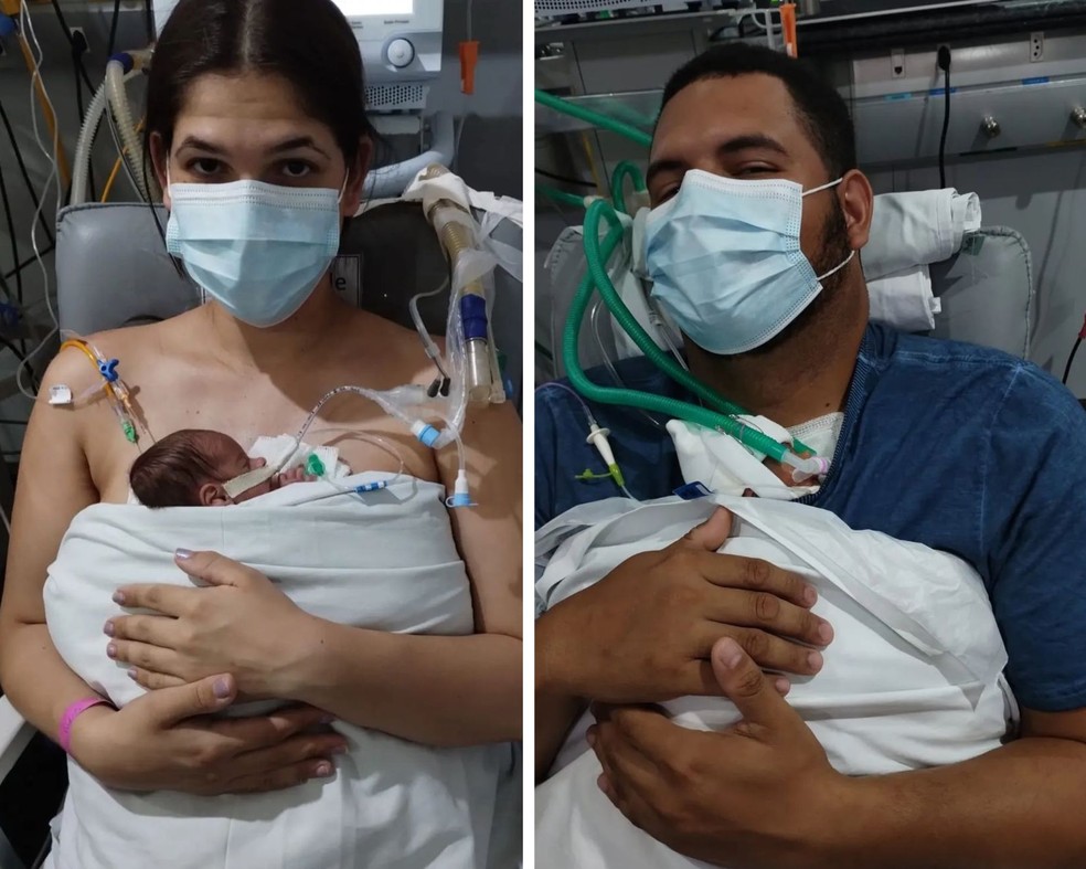 Quezia segura Henry, enquanto Magdiel segura Maytê. Pais contaram como foi a rotina dos sêxtuplos, que nasceram no ES — Foto: Reprodução/Redes Sociais