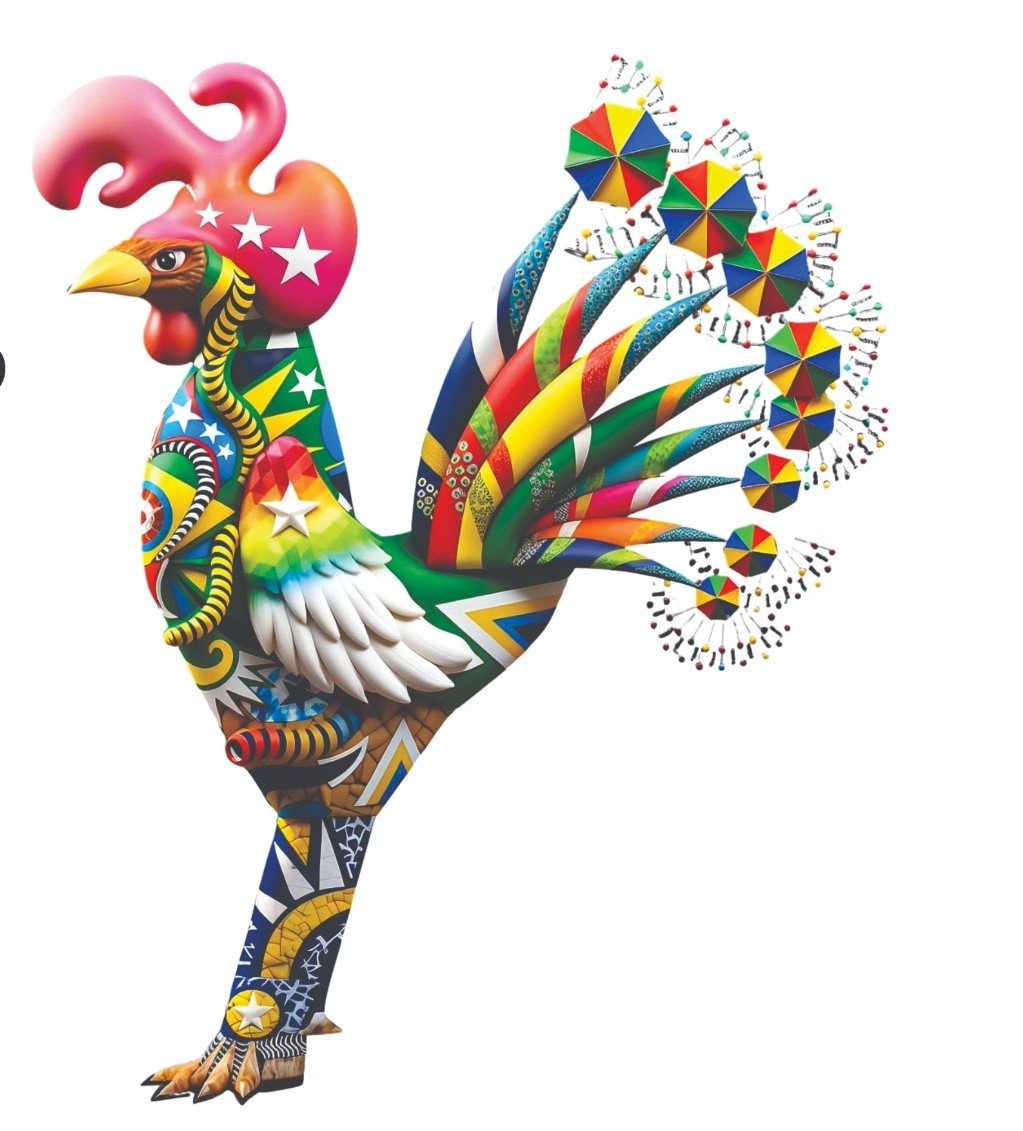 Galo gigante homenageia Dom Helder Câmara com coração no peito e sombrinhas de frevo na cauda; confira