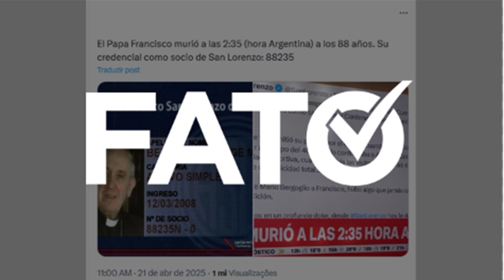 É #FATO: números da hora da morte do Papa na Argentina coincidem com finais de seu cartão de sócio torcedor — Foto: Reprodução