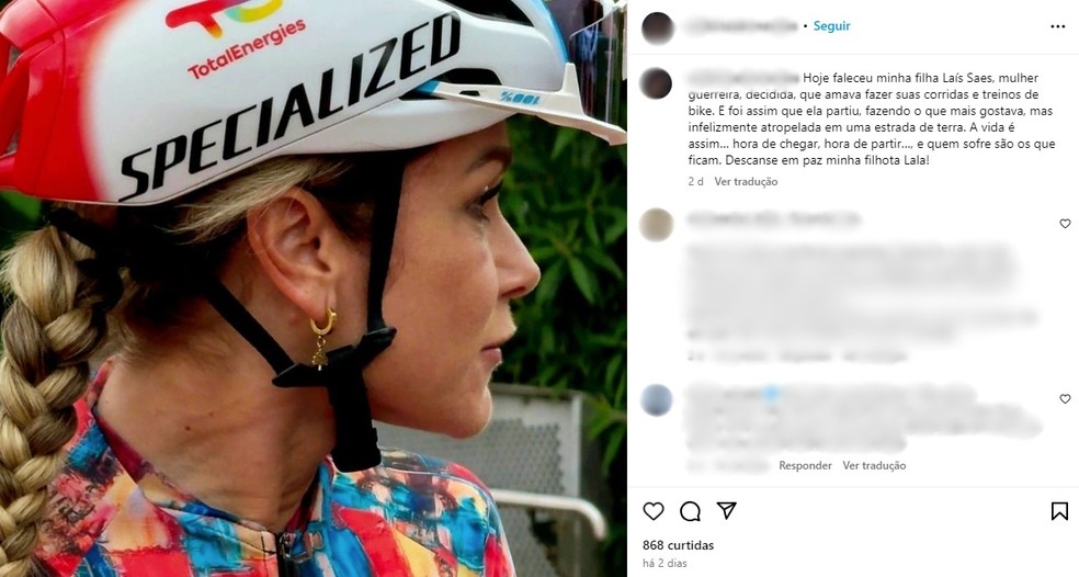 Mãe da ciclista lamentou adeus precoce à filha — Foto: Reprodução/Instagram