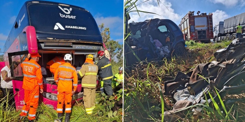 Veículos bateram de frente na BR-040 — Foto: Montagem/g1 Grande Minas