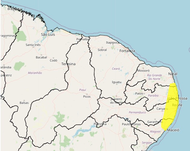 Inmet emite comunicado de 'perigo potencial' para acúmulo de chuva em 23 cidades do interior de PE