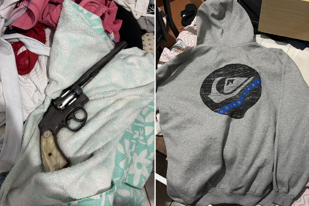 Arma de fogo e roupa que podem ter sido utilizadas no crime foram apreendidas — Foto: Polícia Civil/Divulgação