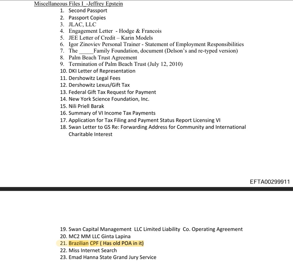 CPF brasileiro de Jeffrey Epstein é citado entre os documentos apreendidos nos Estados Unidos. — Foto: Reprodução/Departamento de Justiça dos EUA