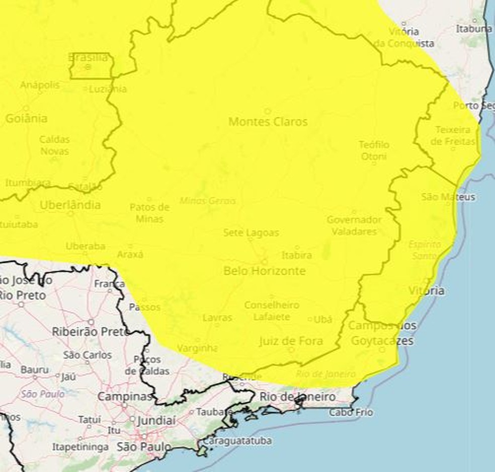Alerta amarelo abrange Juiz de Fora e região — Foto: Inmet/Reprodução